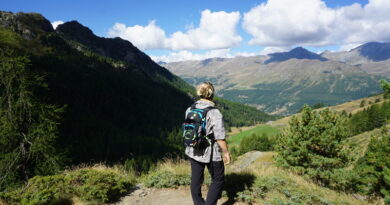 Ragazza sulle montagne guarda il panorama