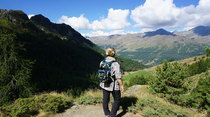 Ragazza sulle montagne guarda il panorama